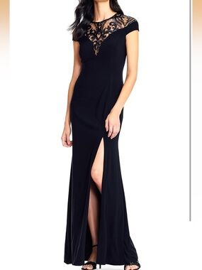 Adrianna Papell Black Lace-Illusion Cap Sleeve Evening Gown